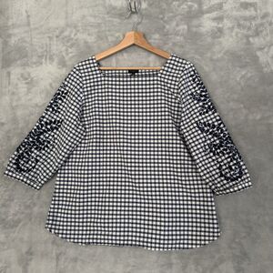 TALBOTS Blue Check Blouse 3/4 EMBROIDERY SLEEVE Petite XL Cotton Top Zip XLP